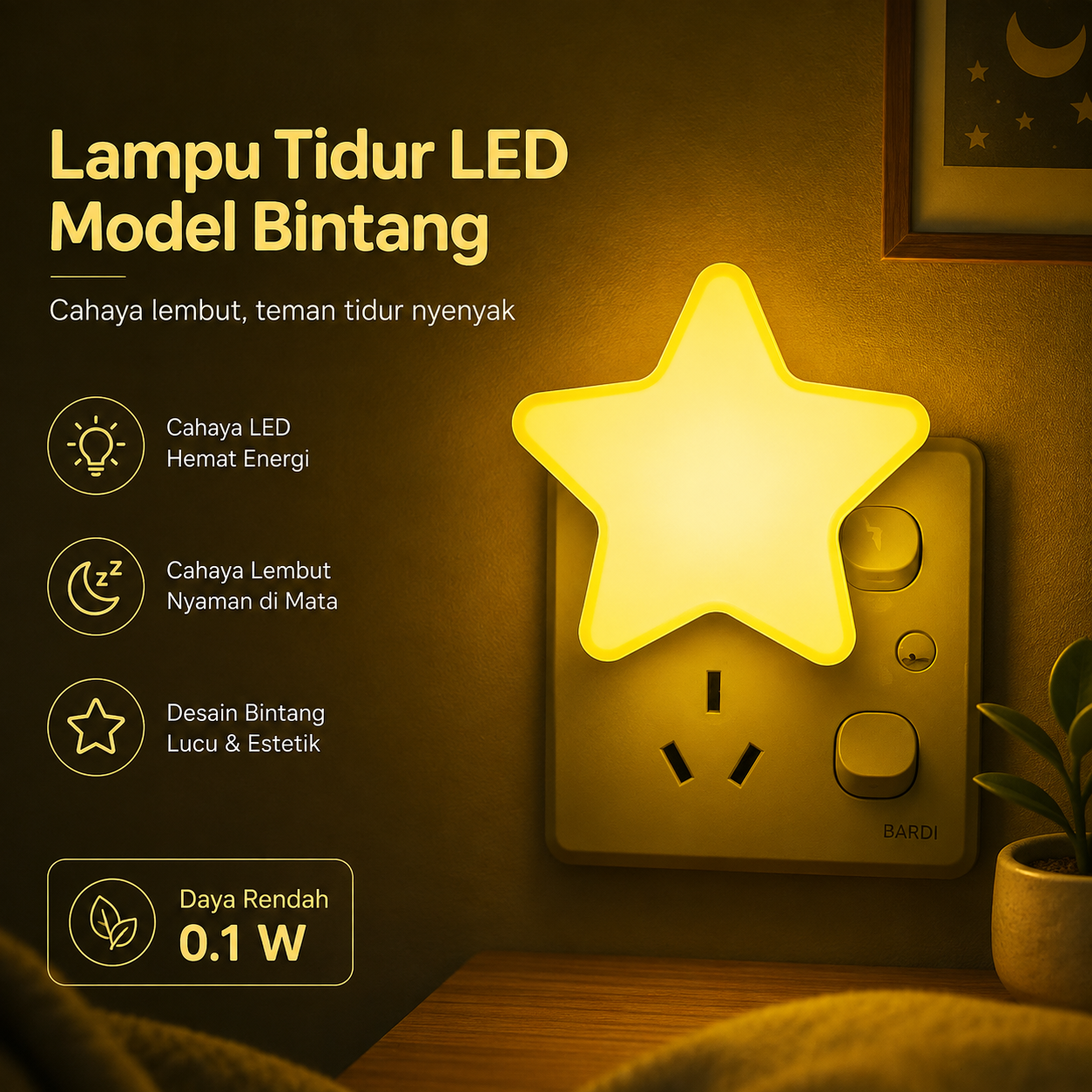 Gambar produk Energy Lampu Tidur LED Model Bintang EU Plug 240V 0.1W - EN-NL-8 - Utama