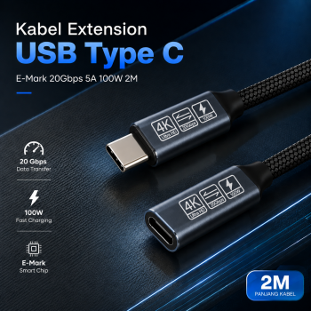 Gambar produk XIWAI Kabel Extension USB Type C Male to Female E-Mark 20Gbps 5A 100W 200cm - XW32