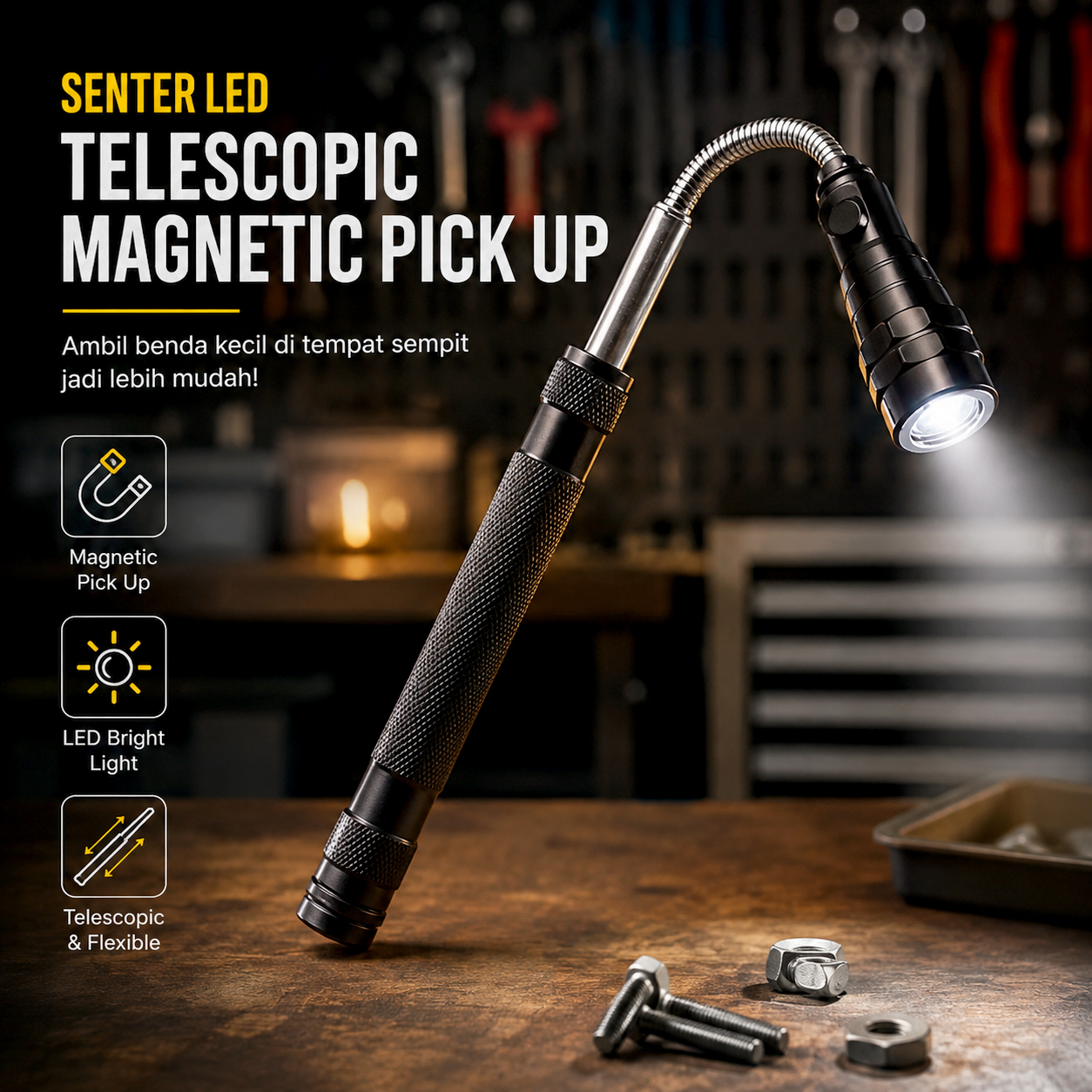 Gambar produk Senter LED Telescopic Flexible Magnetic Pick Up Flashlight Aluminium - Utama