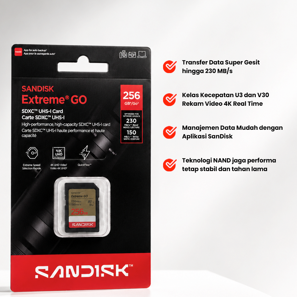 Gambar produk SanDisk Extreme GO SDXC/HC UHS-I Card U3 V30 4K UHD 230MB/s 256GB - SDSDXGN - 2