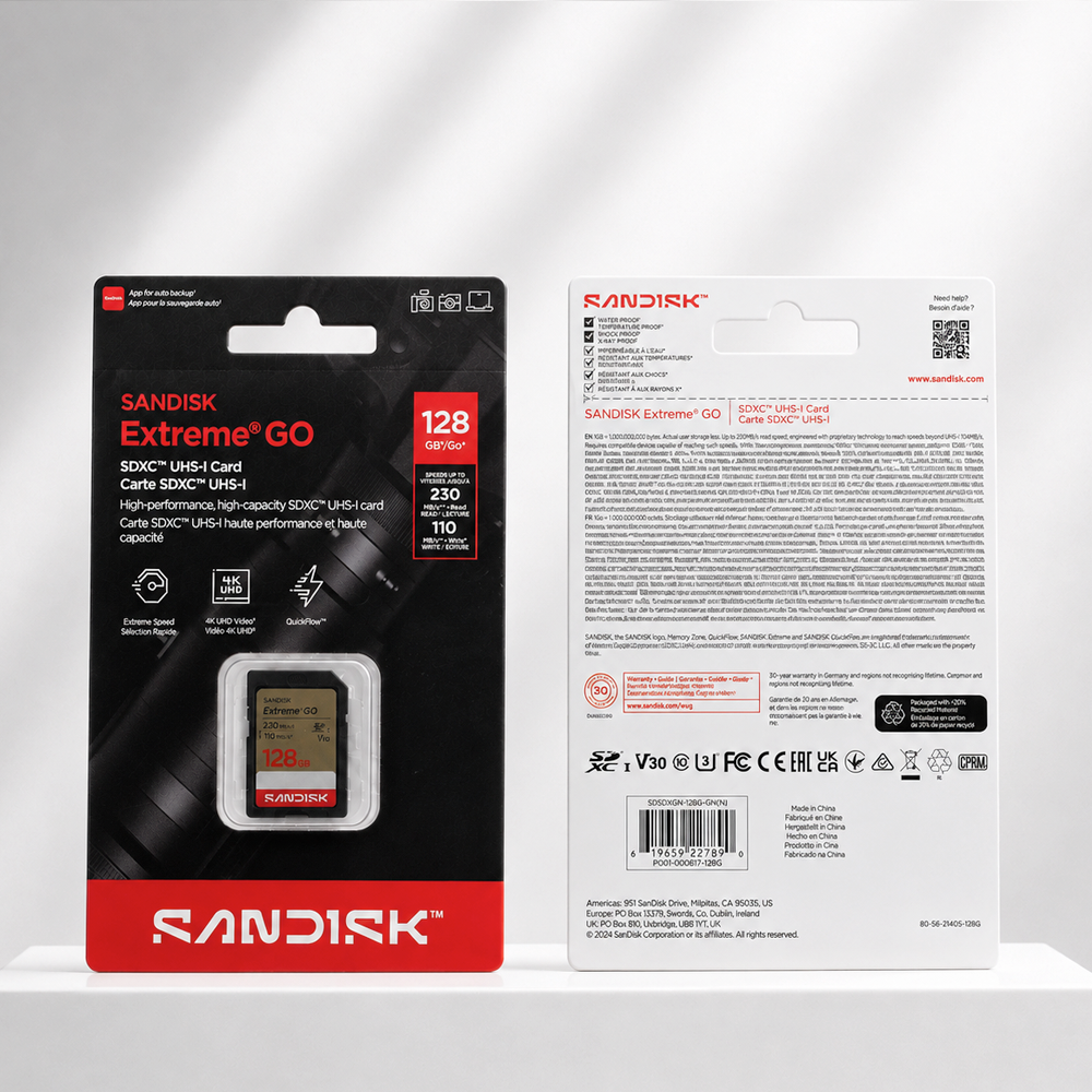 Gambar produk SanDisk Extreme GO SDXC/HC UHS-I Card U3 V30 4K UHD 230MB/s 128GB - SDSDXGN - Kemasan