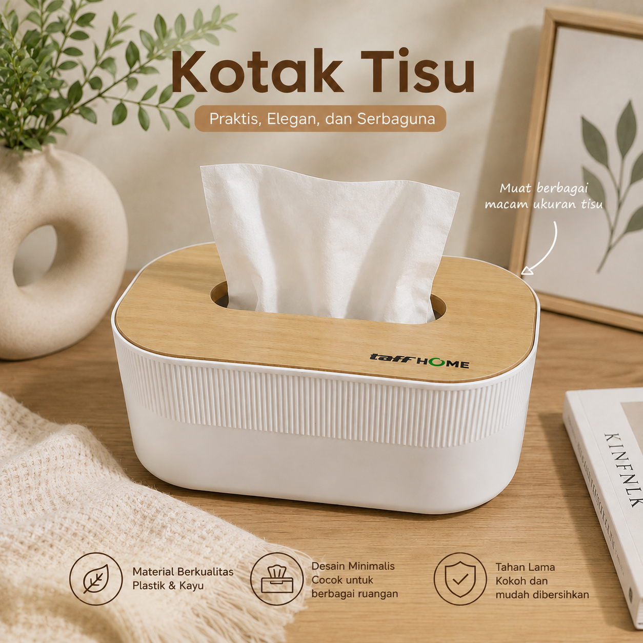 Gambar produk TaffHOME Kotak Tisu Kayu Multifungsi Wooden Tissue Box 21x13x7.5cm - ZJ35 - Utama