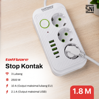 Taffware Stop Kontak Kabel 3 Socket EU 4 USB A 1 USB C 1.8M 250V 2500W - QL-1074U
