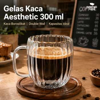 One Two Cups Gelas Kaca Aesthetic Kopi Double Wall with Handle 300ml - KT020