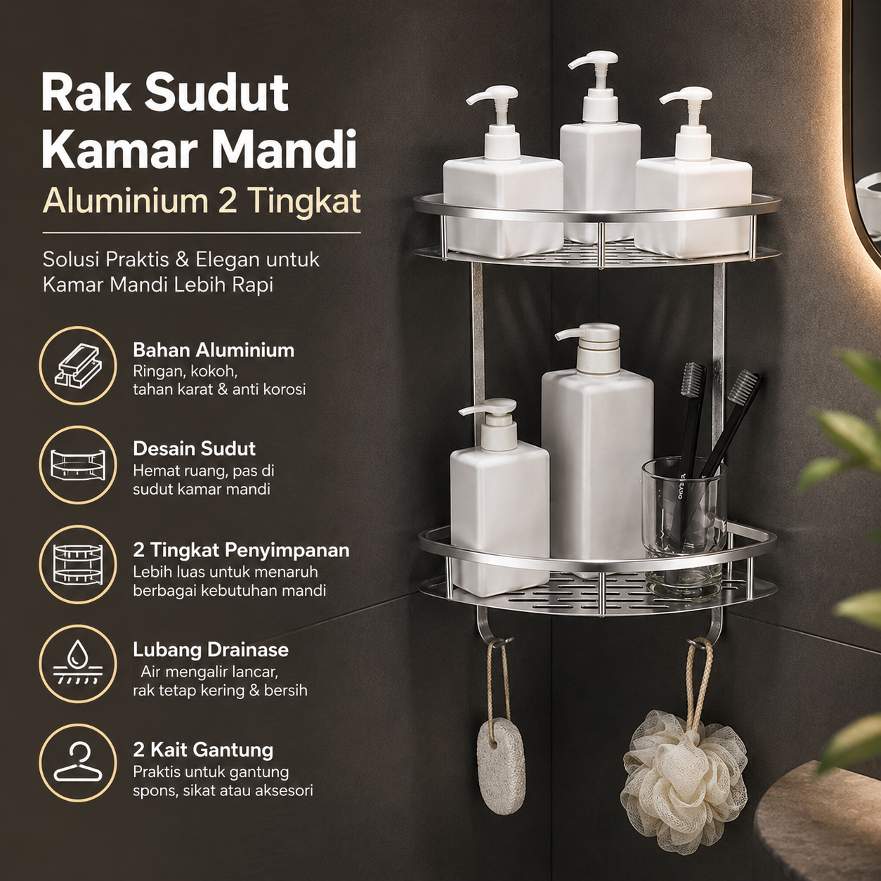 Gambar produk LemonBest Rak Sudut Kamar Mandi Aluminium Corner Shelf Rack 2 Layers - G48 - Utama