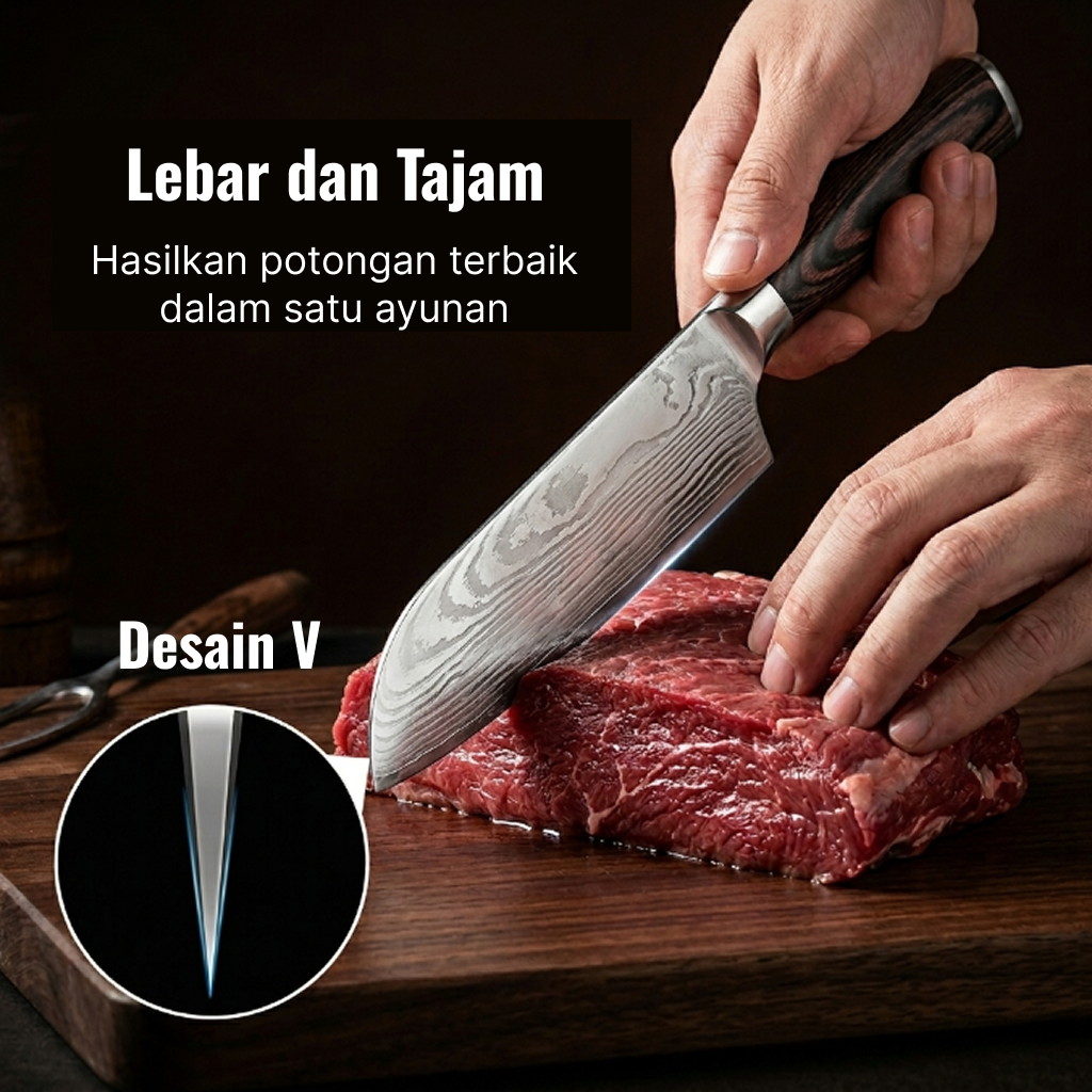 Gambar produk KNIFEZER Pisau Dapur Daging Sayur Roti Damascus Pattern Stainless 7 Inch Santoku Knife - 1
