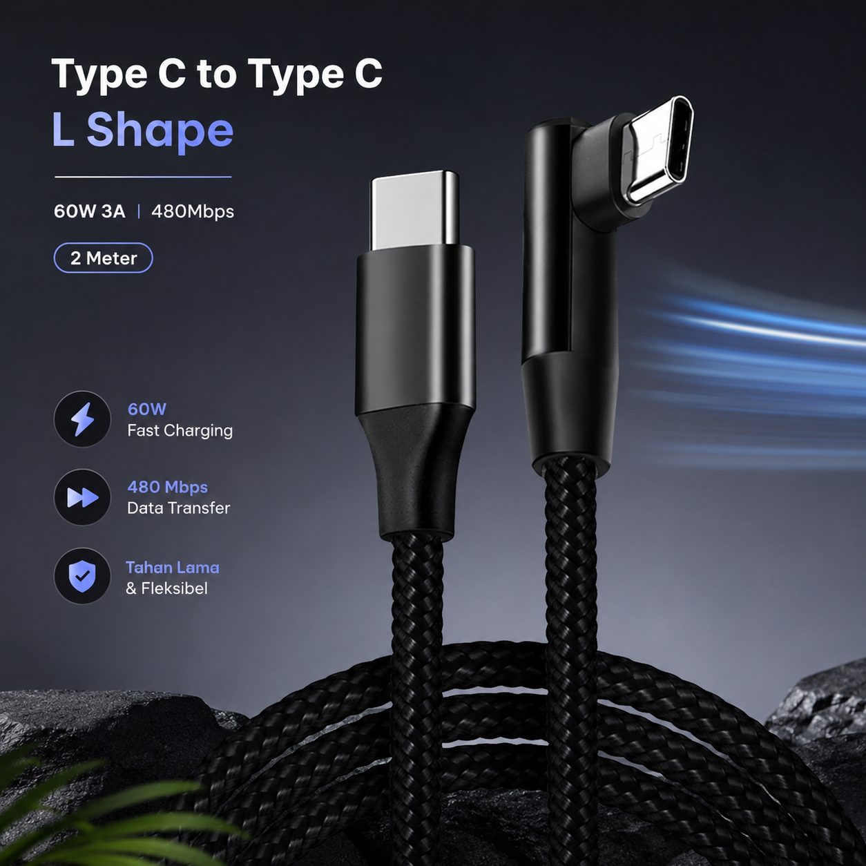 Gambar produk Slyz Kabel Data Type C to Type C Fast Charging PD L Shape 60W 3A 2M - Slyz02 - Utama