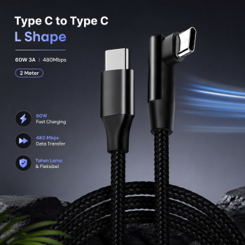 Slyz Kabel Data Type C to Type C Fast Charging PD L Shape 60W 3A 2M - Slyz02