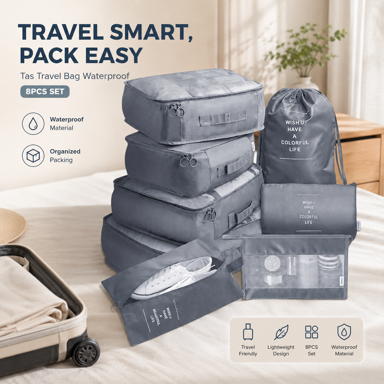 Gambar produk Travel-O Tas Travel Bag Laundry Organizer Packing Cube Waterproof 8PCS - BIB-830 - Utama