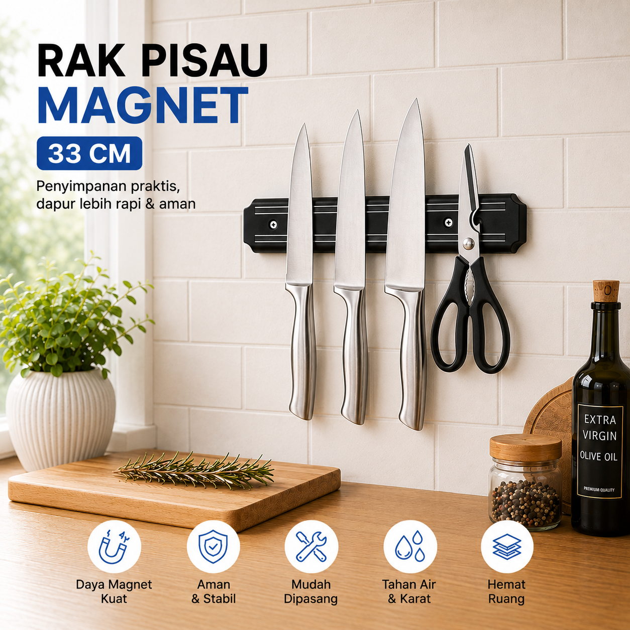 Gambar produk FITTO Rak Pisau Magnet Serbaguna Wall Mounted Magnetic Knife Holder 33cm - DS-100 - Utama