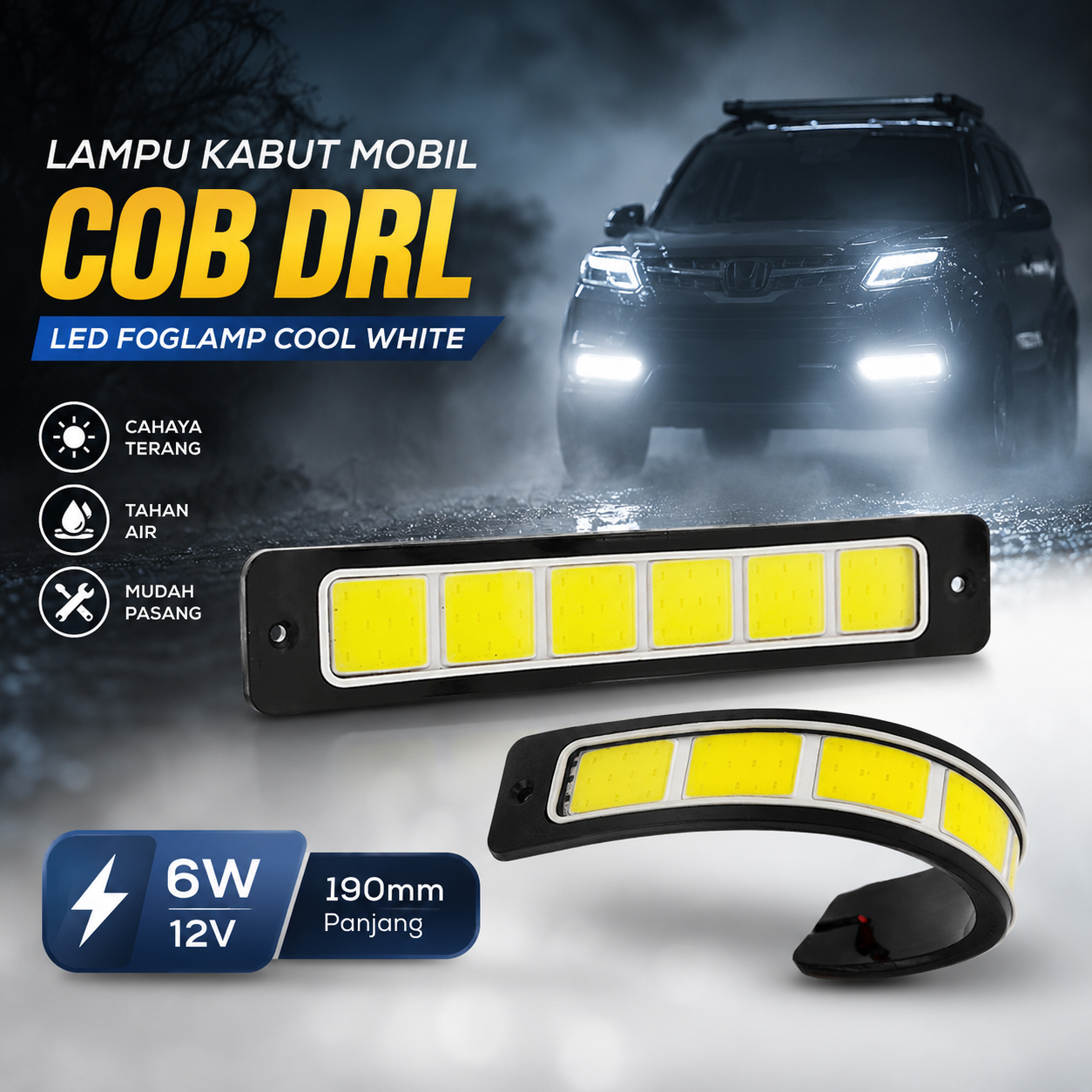 Gambar produk Lampu Kabut Mobil COB DRL LED Foglamp Cool White 6000K 6W 12V 190mm - MA357 - Utama
