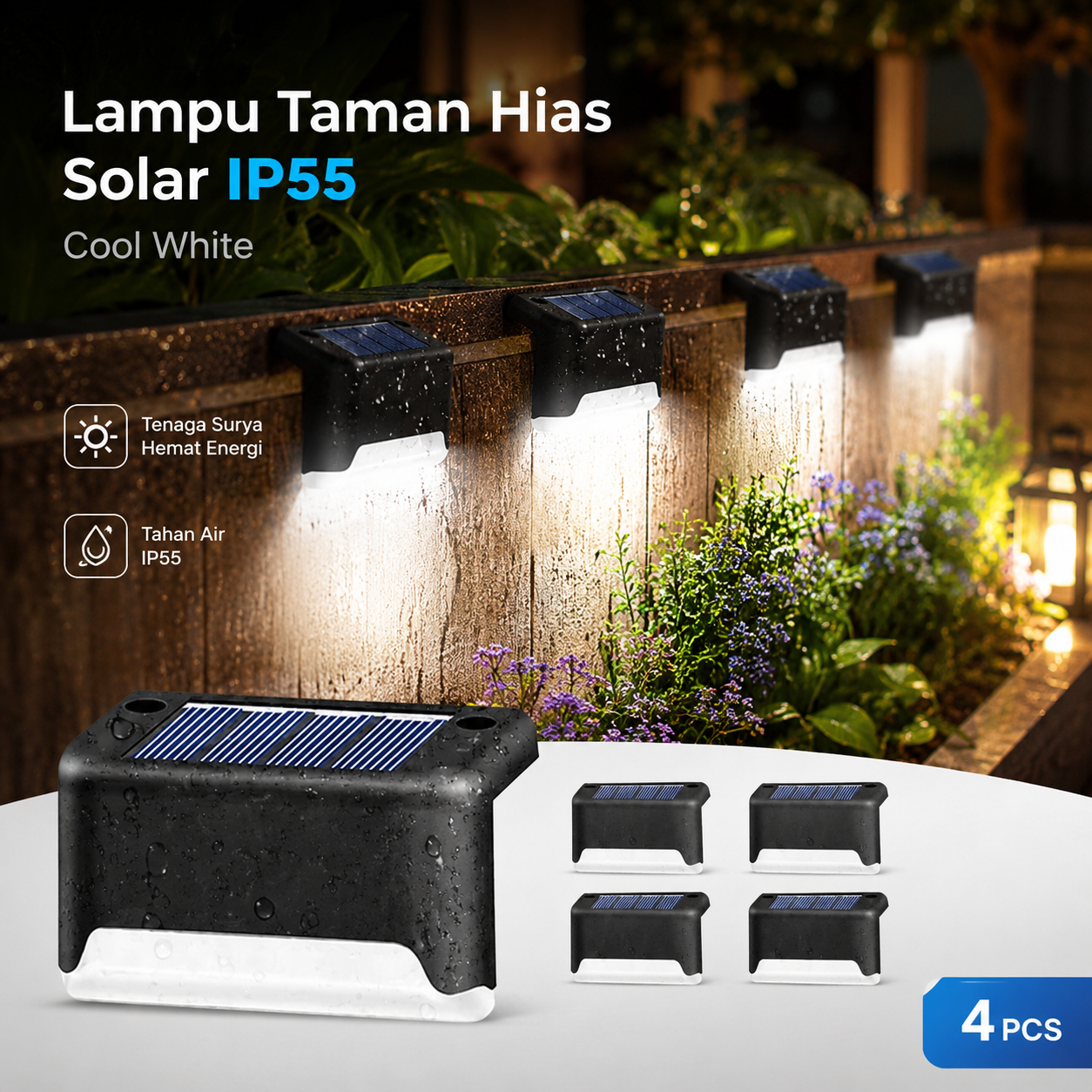 Gambar produk TaffLED Lampu Taman Hias Pagar Deck Light Solar IP55 Cool White 4 PCS - OO75 - Utama