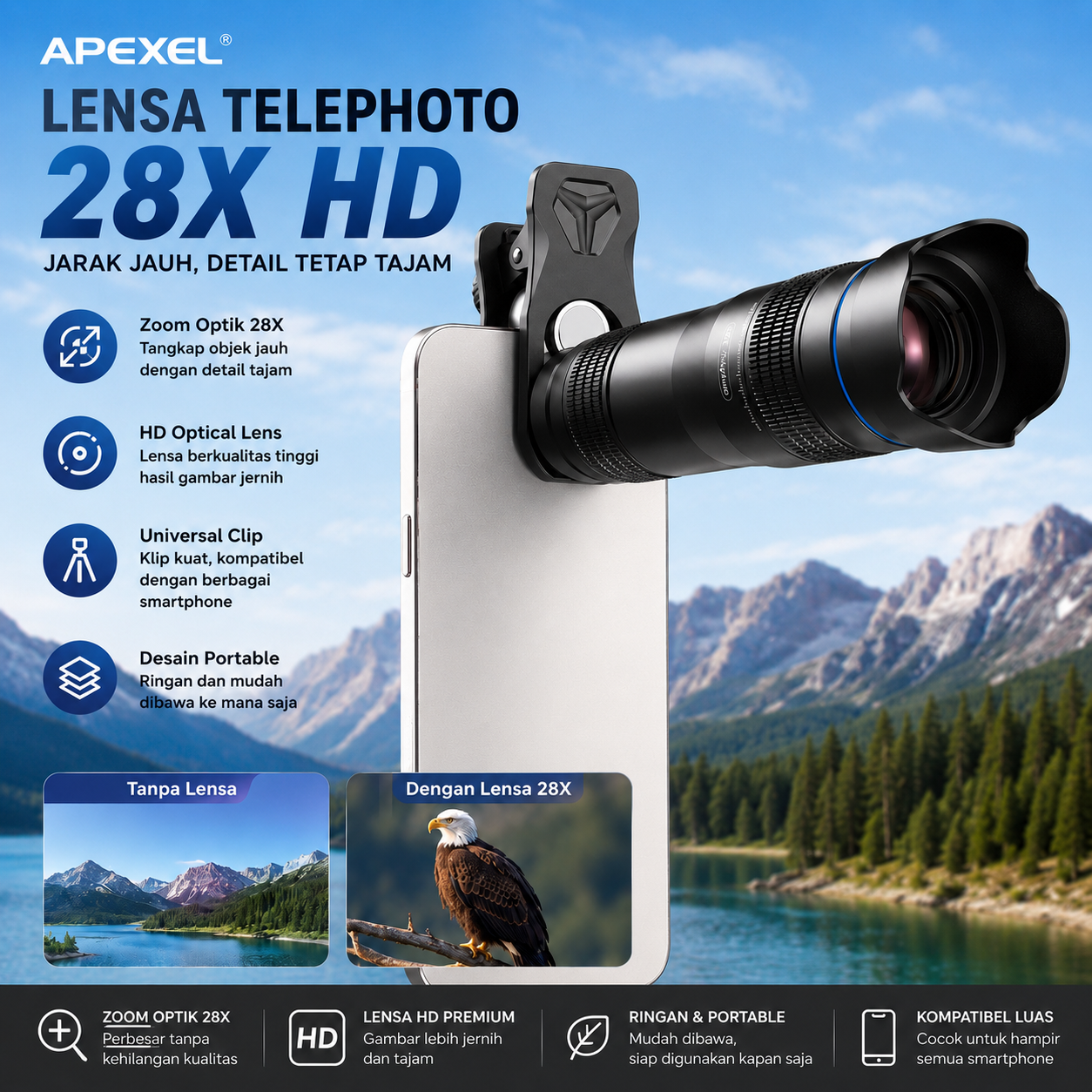 Gambar produk APEXEL Lensa Tele Smartphone Monocular Telephoto 28X HD - APL-JS28X - Utama