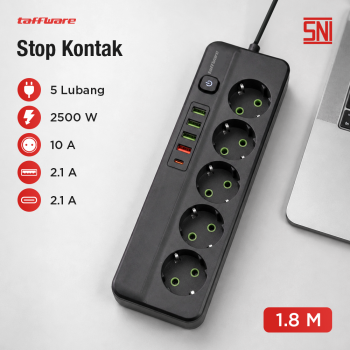 Taffware Stop Kontak Kabel 5 Socket 4 USB A USB C 1.8M 10A 250V 2500W - QL-1093U