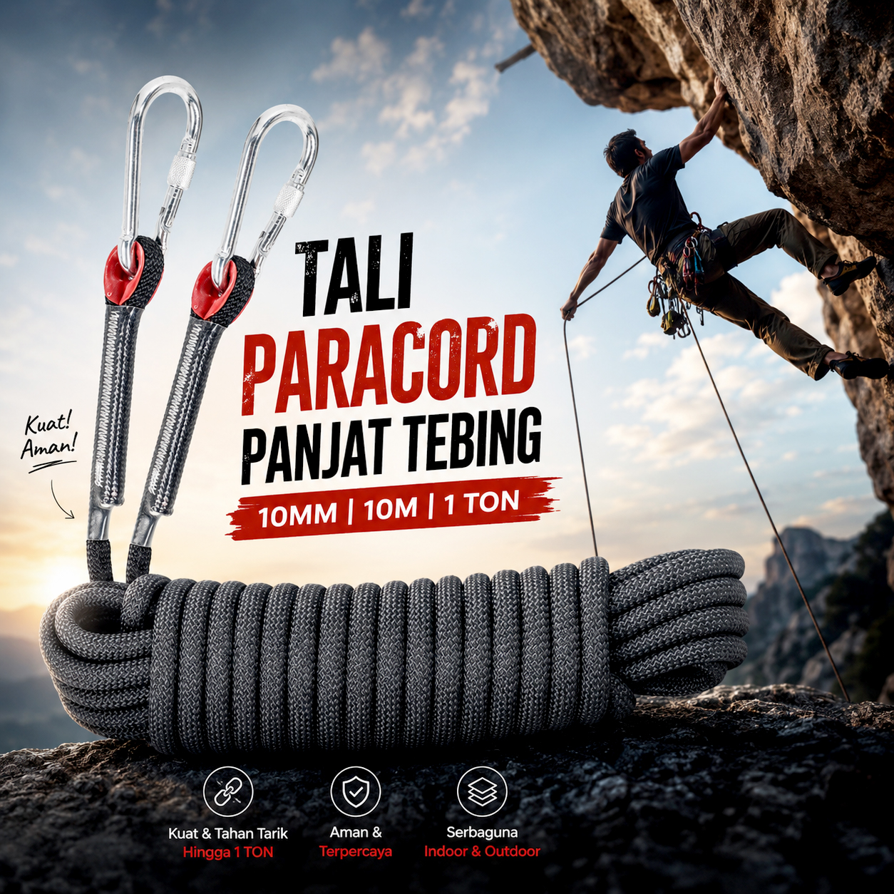 Gambar produk TaffSPORT Tali Paracord Panjat Tebing Climbing Rope 10mm Steel Buckle 10M - P4 - Utama