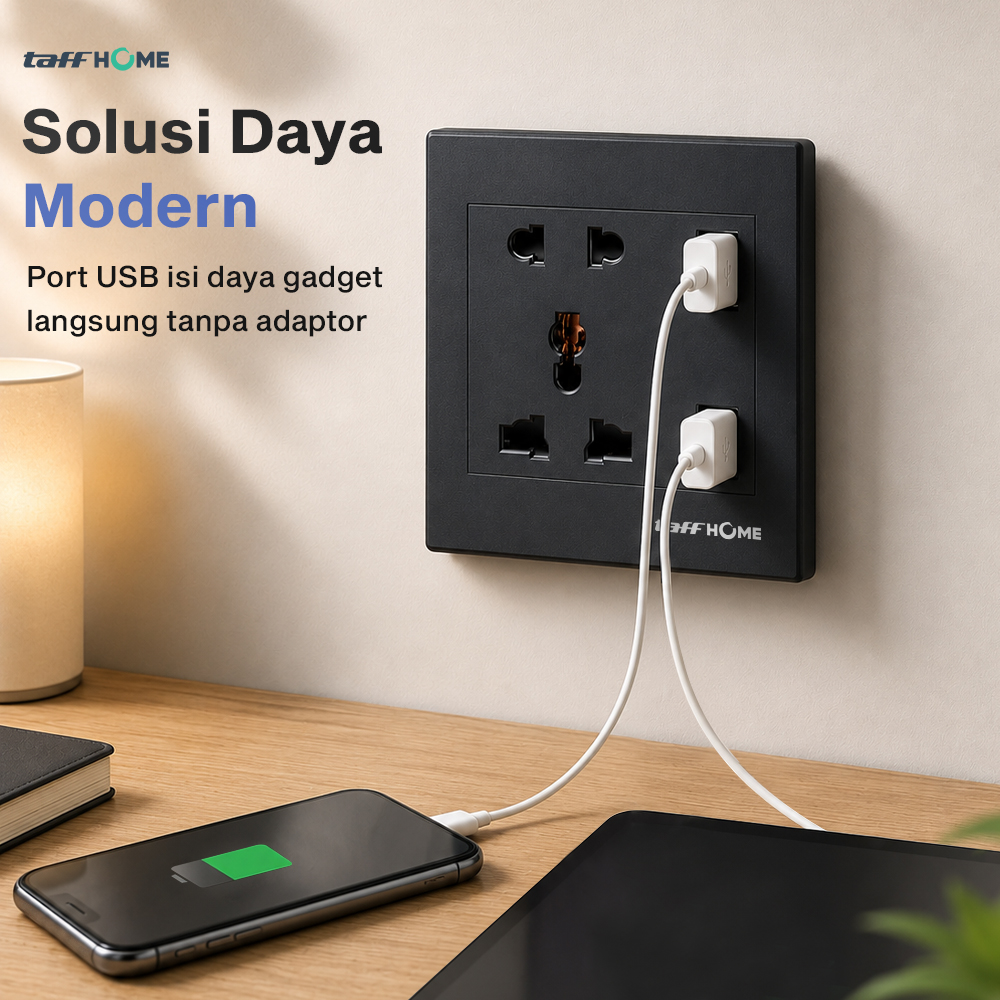 Gambar produk Taffware Stop Kontak Dinding Universal 1 Soket 2 USB A 250V 10A - Y1-001 - 2