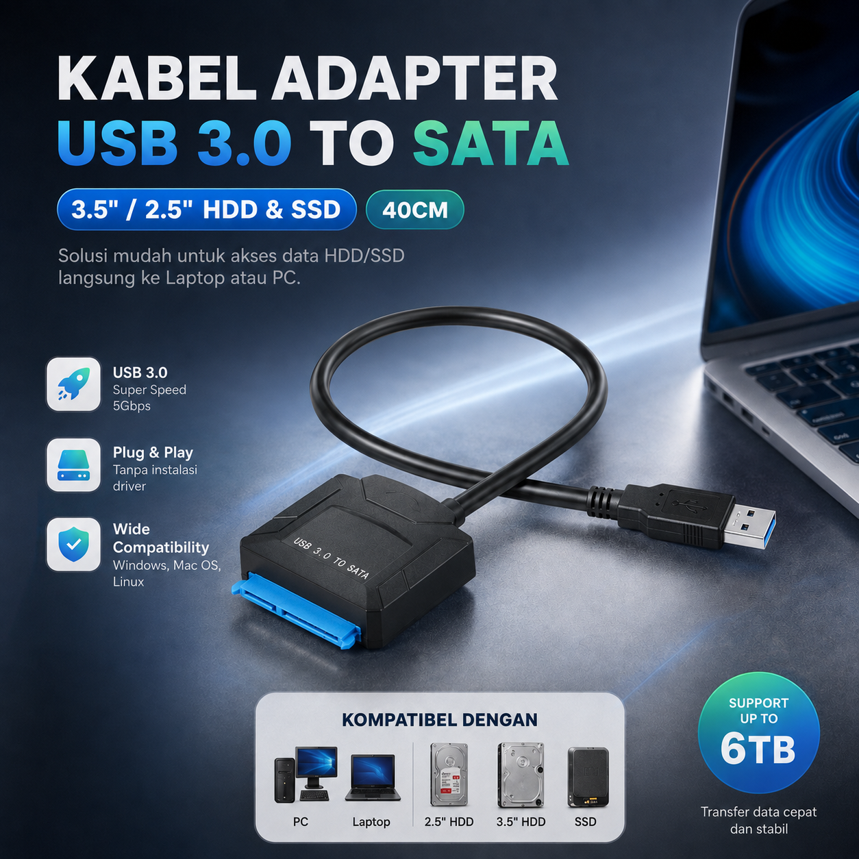 Gambar produk E-yield Kabel Adapter USB 3.0 to SATA for 3.5 / 2.5 Inch HDD SSD 40cm - ZD0004 - Utama