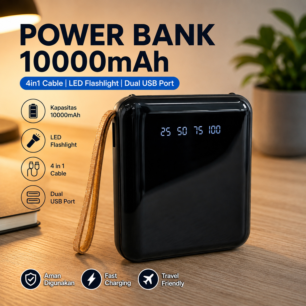 Gambar produk Tollcuudda Power Bank 10000mAh 4in1 Cable LED Flashlight USB Port - Tol1 - Utama