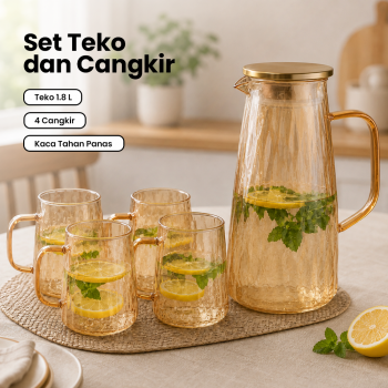 Cloks Set Teko Cangkir Kaca Kopi Teh 1 Pitcher 4 Cups Heat Proof 1.8L - CL18