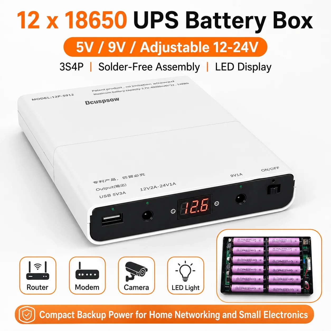 Gambar produk AREO Mini UPS DIY Power Supply Backup Router 12 Slot 18650 Battery - 12P-5912 - Utama