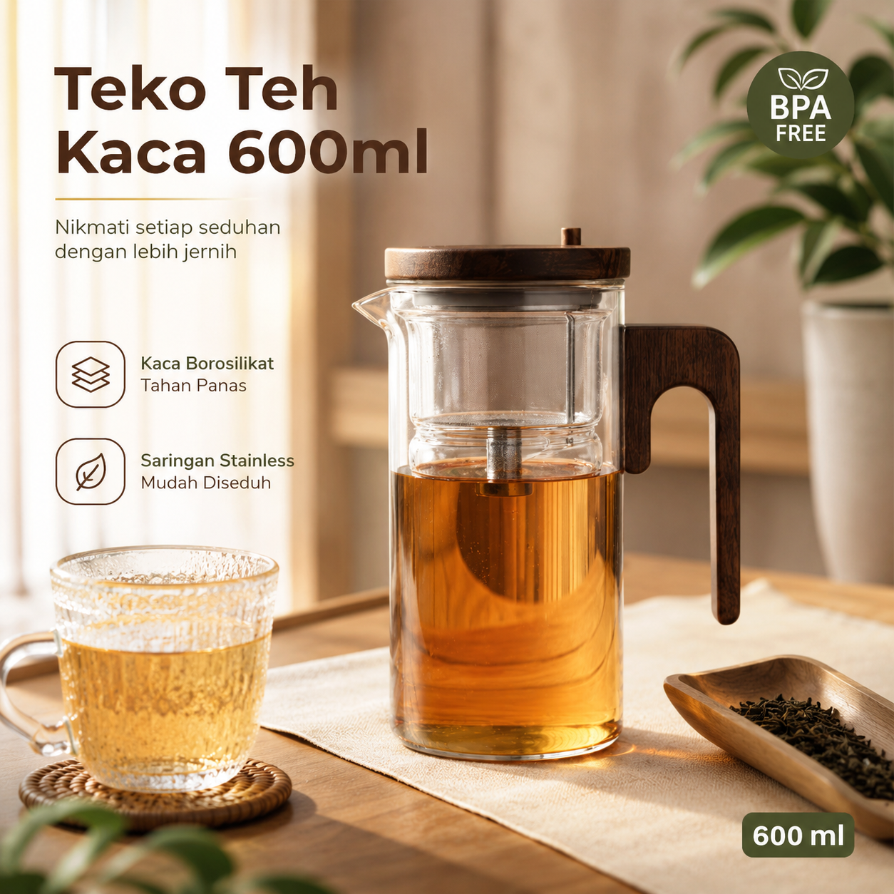 Gambar produk One Two Cups Teko Teh Kaca Tahan Panas One Click Filter Magnet Teapot 600ml - TR-68 - Utama