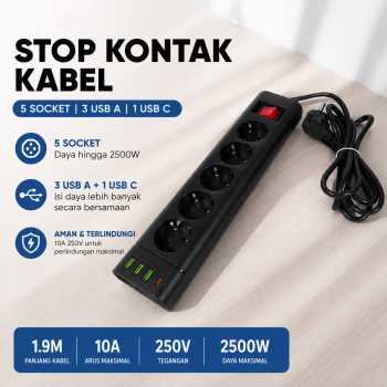 YIGOU Stop Kontak Kabel 5 Socket 3 USB A USB C 1.9M 10A 250V 2500W - 1113U