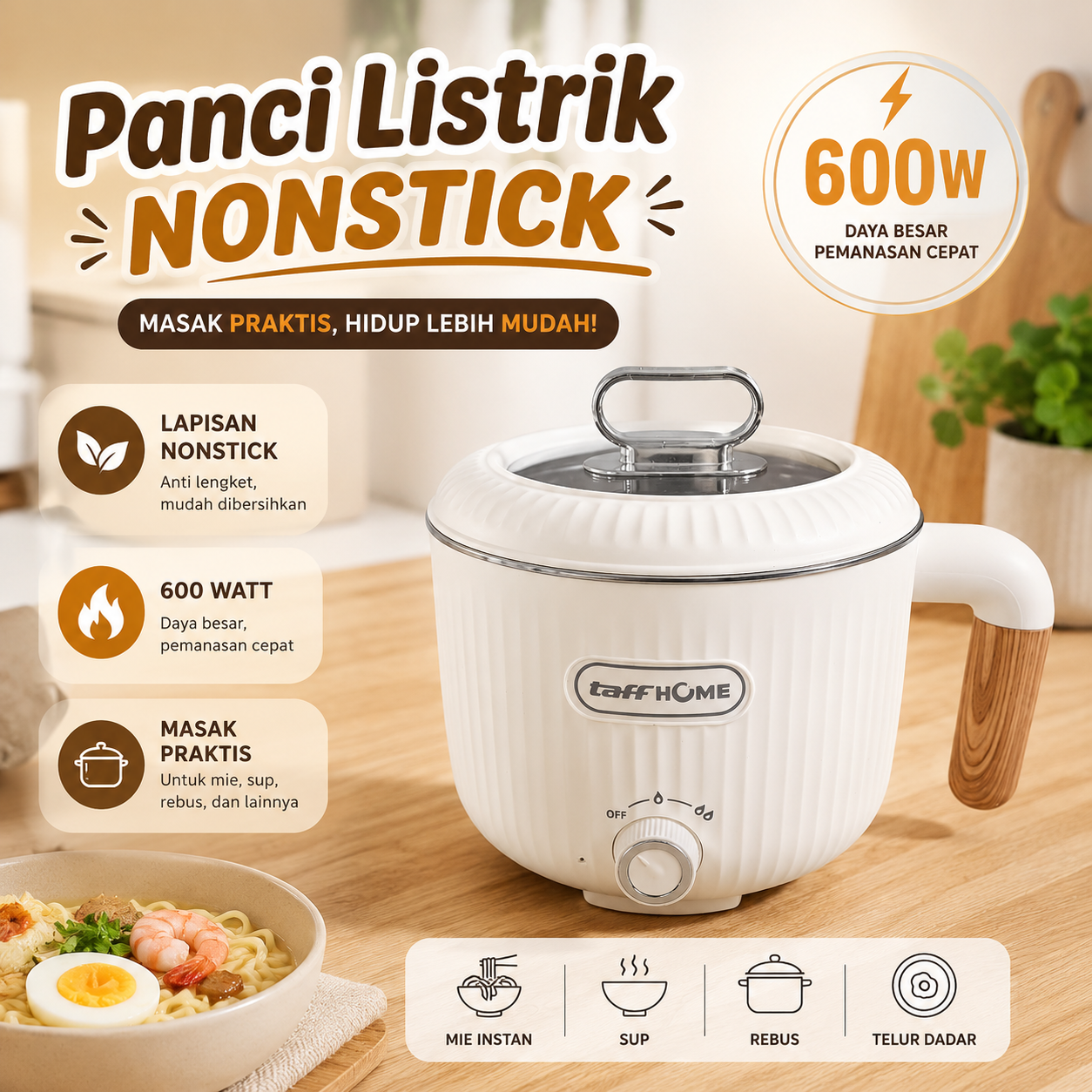 Gambar produk TaffHOME Panci Listrik Multifungsi Electric Pan NonStick 2L 600W - JKS20 - Utama