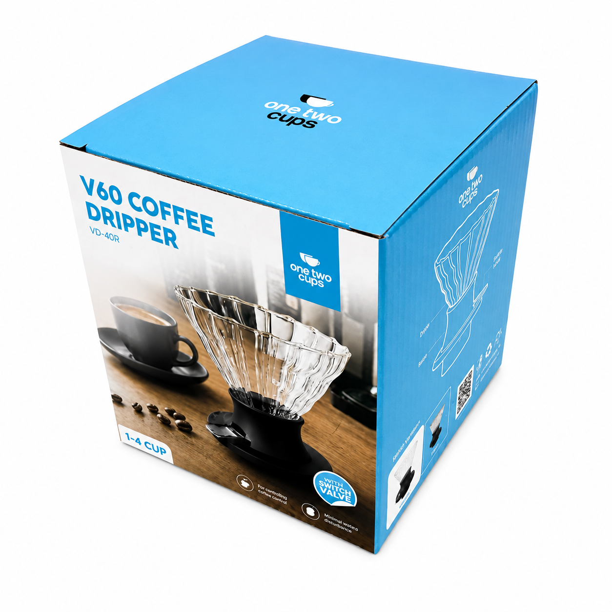 Gambar produk One Two Cups V60 Coffee Dripper Alat Seduh Kopi Manual Kaca 1-4 Cup Lurus - VD-40R - Kemasan