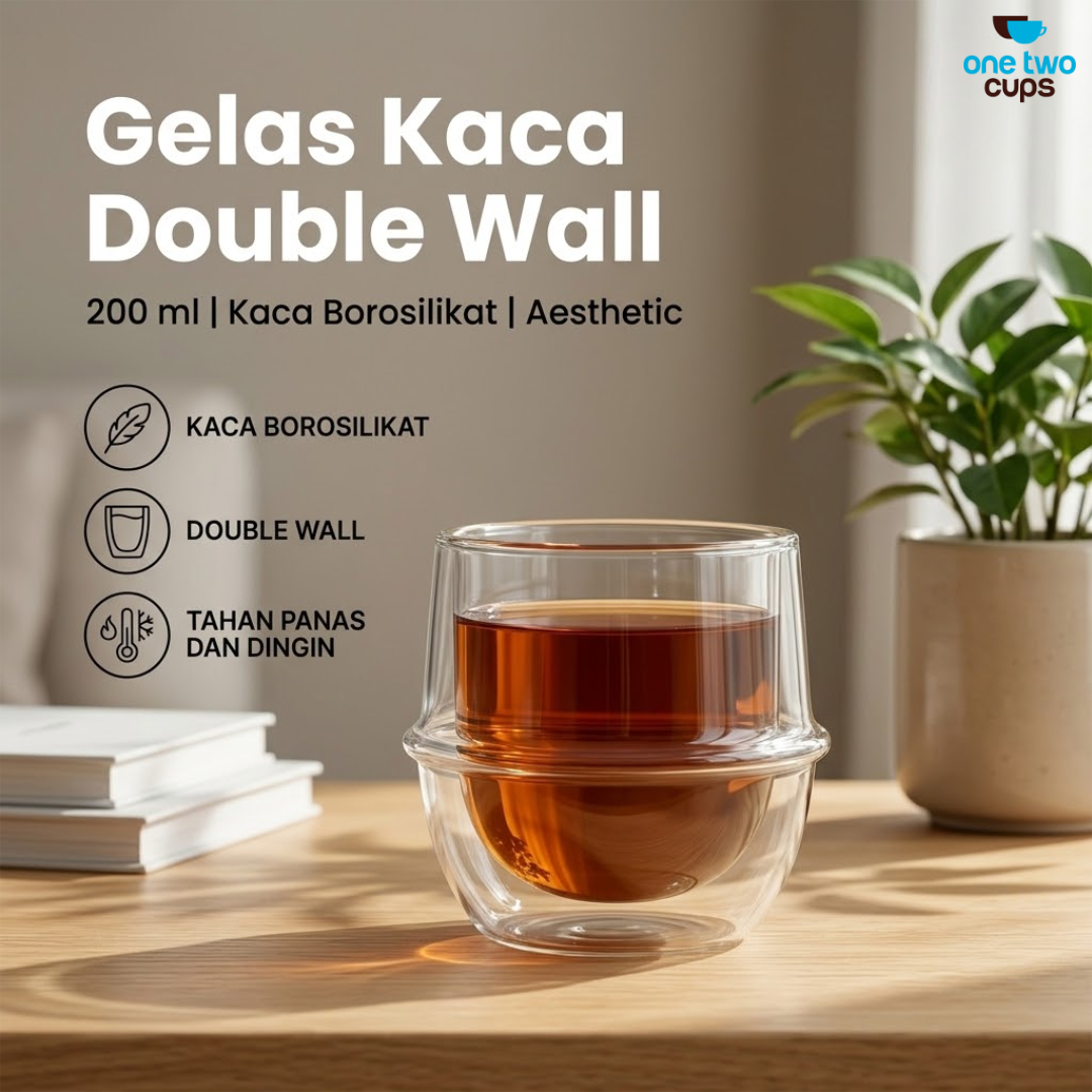 Gambar produk One Two Cups Gelas Kaca Aesthetic Kopi Teh Double Wall Glass 200ml - PLY1710 - Utama