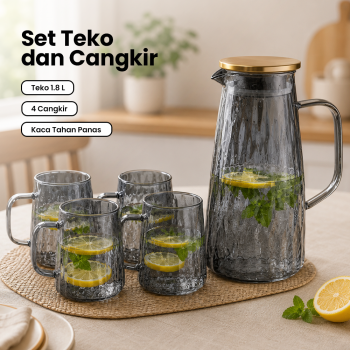 Cloks Set Teko Cangkir Kaca Kopi Teh 1 Pitcher 4 Cups Heat Proof 1.8L - CL18