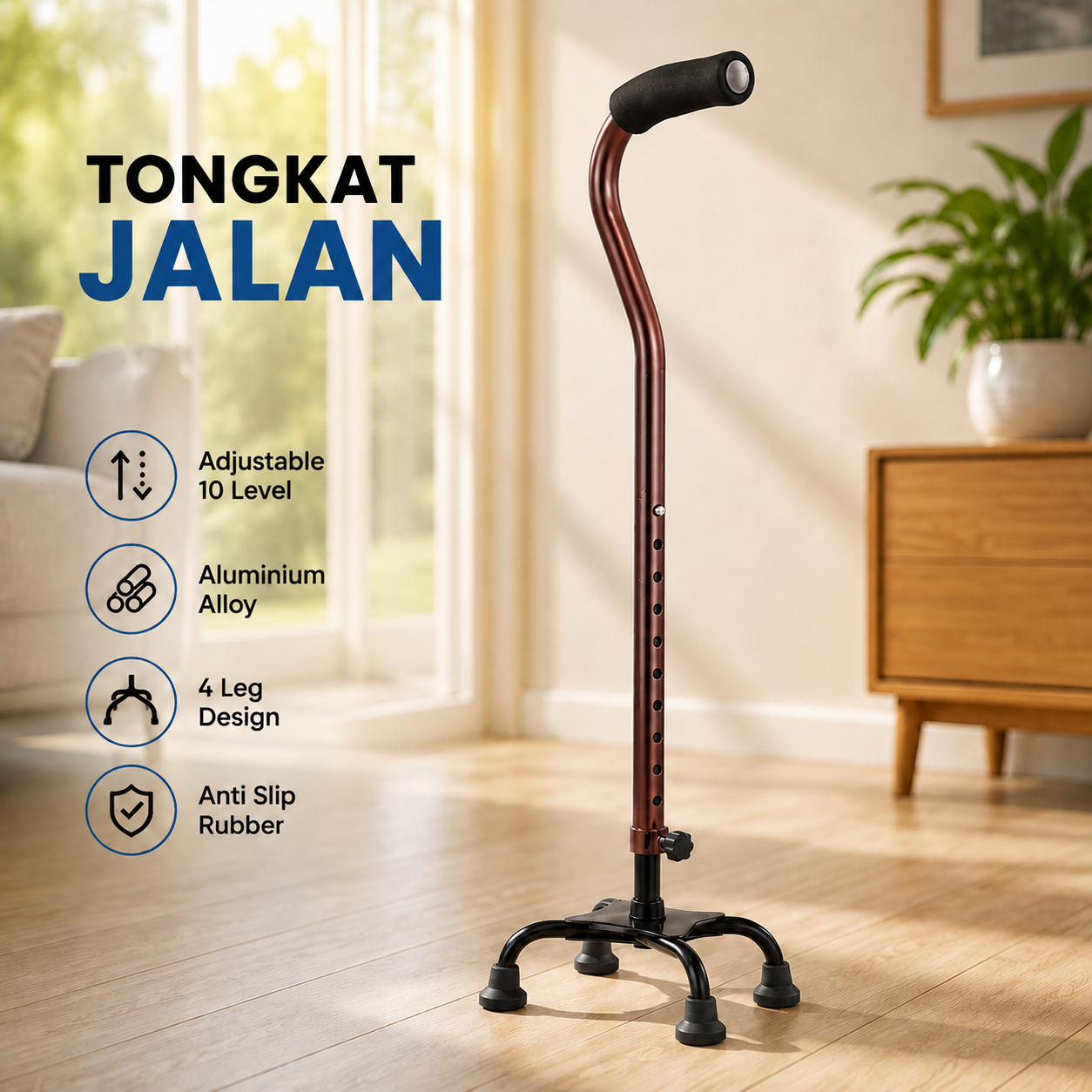 Gambar produk Maston Alat Bantu Tongkat Jalan Walking Cane Adjustable 10 Level 4 Leg - AL-012 - Utama