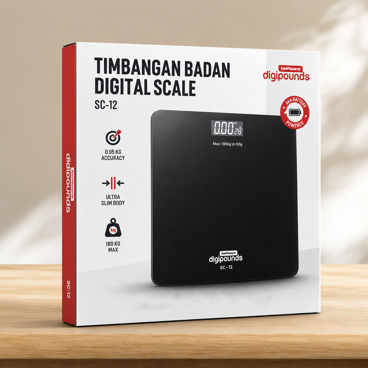 Gambar produk Taffware Digipounds Timbangan Badan Digital Scale Battery 0.05kg 180kg - SC-12 - Kemasan