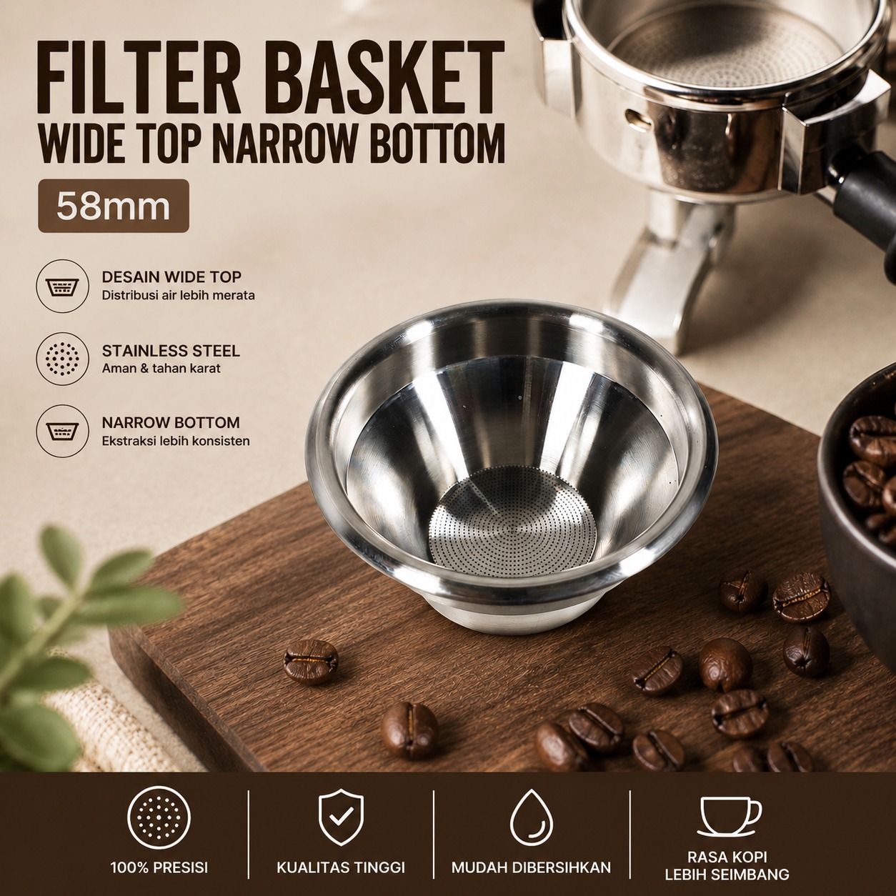 Gambar produk ZIKRUS Filter Basket Portafilter Wide Top Narrow Bottom 58mm - DWL-100 - Utama