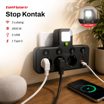 Taffware Stop Kontak Elektrik 2 USB A USB C EU Plug LED 10A 250V 2500W - EU-8624UL / EU-8625UL