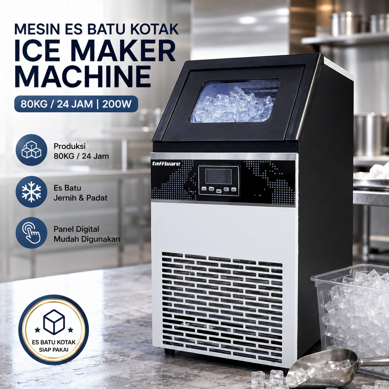 Gambar produk Taffware Mesin Es Batu Kotak Otomatis Ice Maker Machine 80kg 200W - HZB-70FAB - Utama