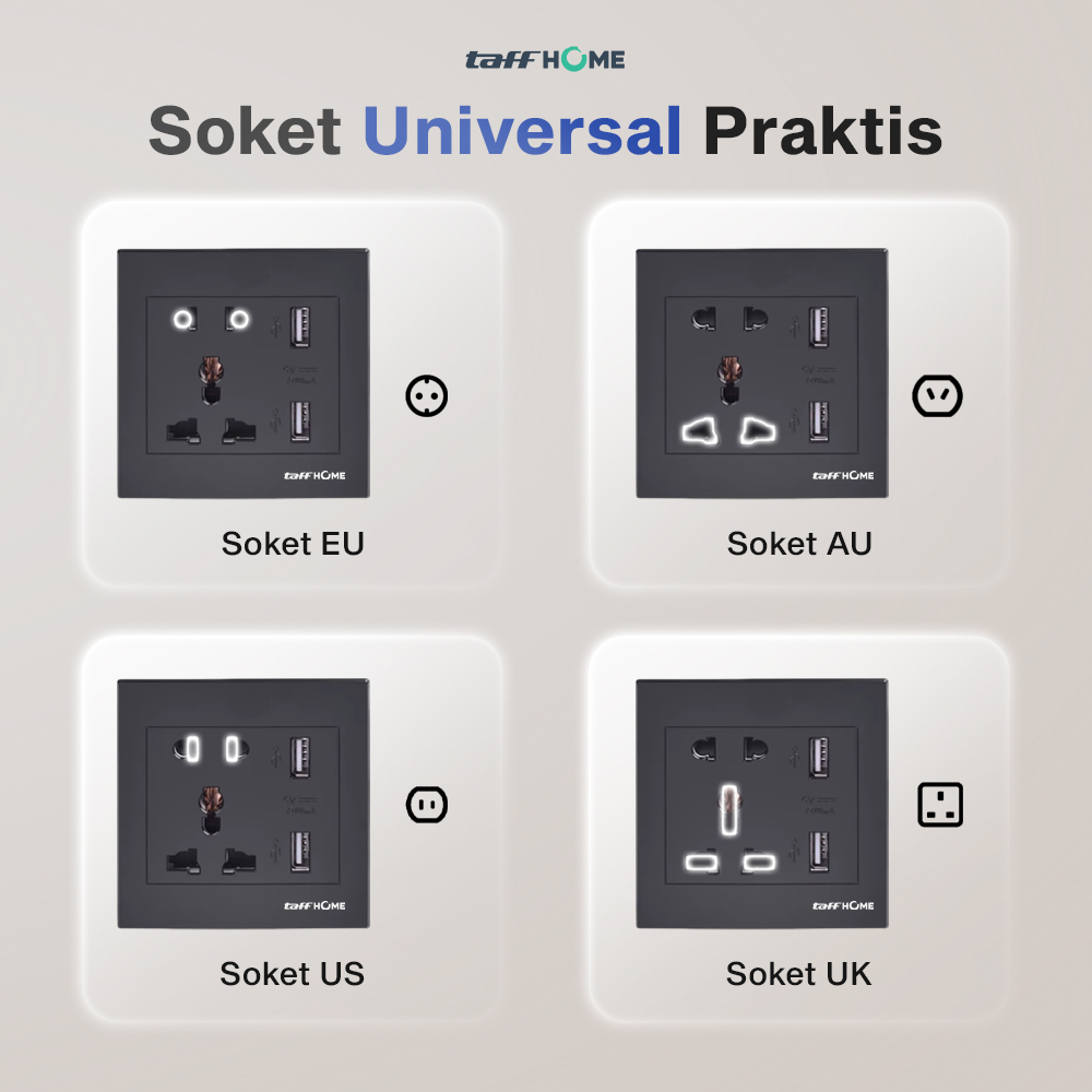 Gambar produk Taffware Stop Kontak Dinding Universal 1 Soket 2 USB A 250V 10A - Y1-001 - 1
