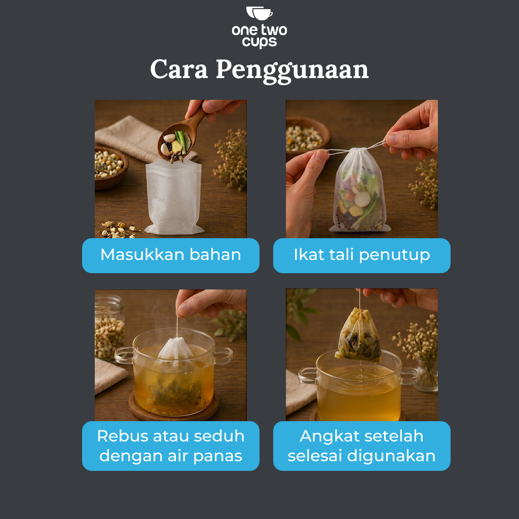 Gambar produk One Two Cups Kantong Teh Celup Kain Saringan Tea Bag Disposable 100PCS 20x25cm - M100 - 7
