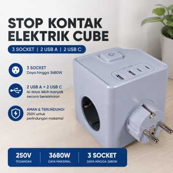 HITREND Stop Kontak Elektrik 3 Socket 2 USB A 2 USB C Cube 250V 3680W - E-46