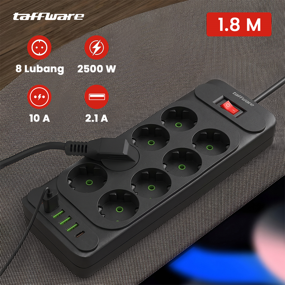 Gambar produk Taffware Stop Kontak Kabel 4 USB A 2 USB Type C 1.8M 10A 250V 2500W 8 Lubang - QL-1077U / QL-1078U - Utama