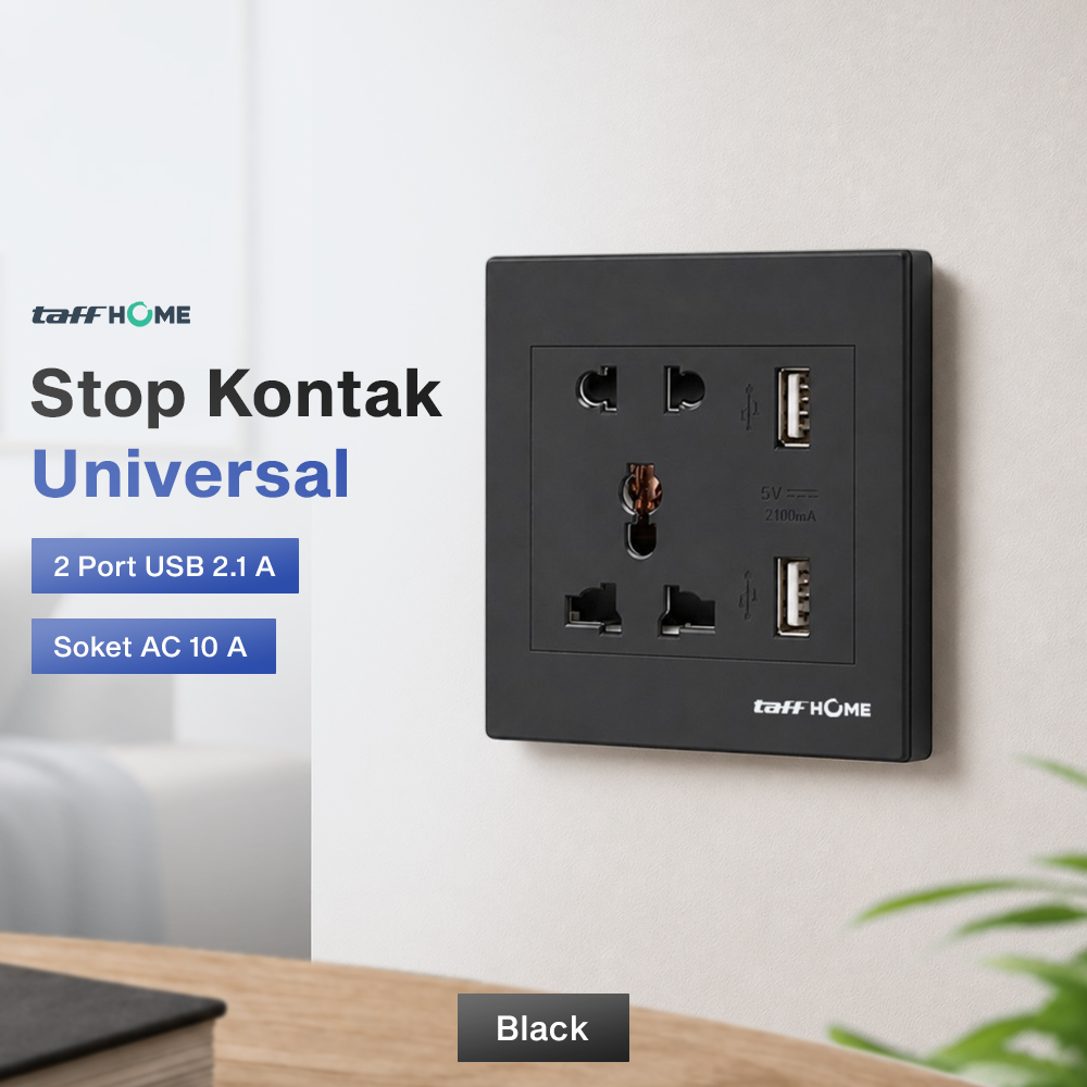 Gambar produk Taffware Stop Kontak Dinding Universal 1 Soket 2 USB A 250V 10A - Y1-001 - Utama