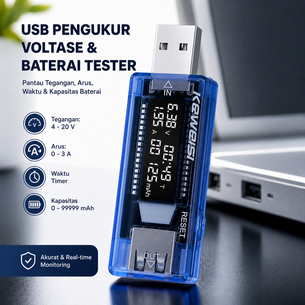 Gambar produk KEWEISI USB Detektor Pengukur Tegangan Voltase dan Baterai Tester - KWS-V20 - Utama