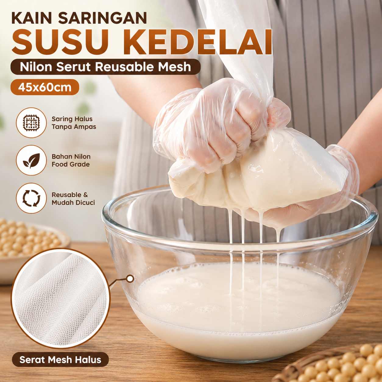 Gambar produk One Two Cups Kain Saringan Susu Kedelai Nilon Serut Reusable Mesh 500 45x60cm - ZR500 - Utama