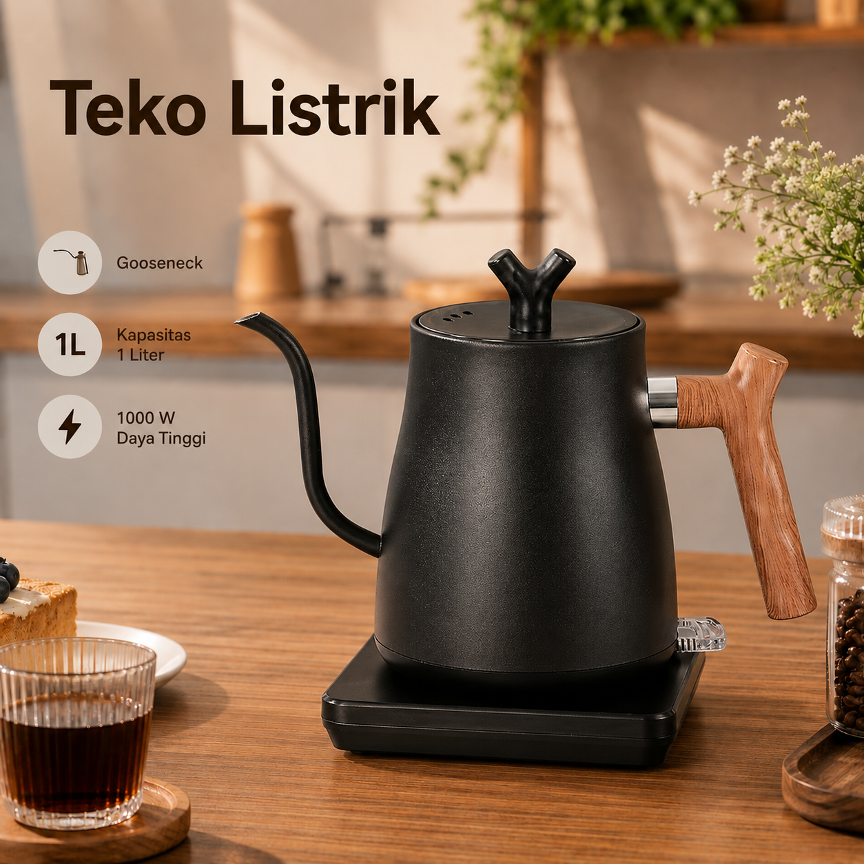 Gambar produk Kbxstart Teko Listrik Kopi Pemanas Air Leher Angsa Kettle 1L 1000W - HR-462 - Utama