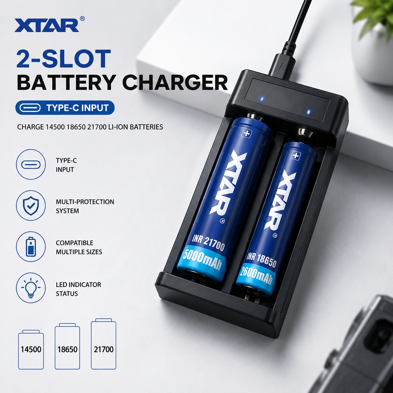 Gambar produk XTAR Charger Baterai 2 Slot 14500 18650 21700 Li-Ion Type C - MC2 Plus-C KT - Utama