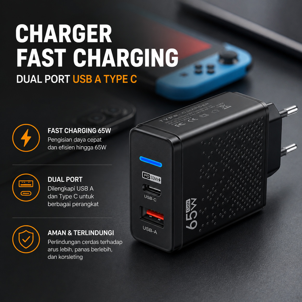 Gambar produk Aubess Kepala Charger Fast Charging Dual Port USB A Type C 65W - GAN001 - Utama