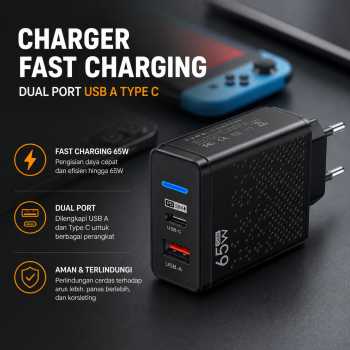 Aubess Kepala Charger Fast Charging Dual Port USB A Type C 65W - GAN001
