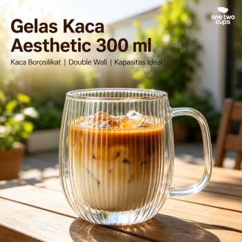 One Two Cups Gelas Kaca Aesthetic Kopi Double Wall with Handle 300ml - KT020