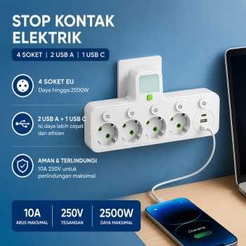 Taffware Stop Kontak Elektrik 2 USB A USB C EU Plug LED 10A 250V 2500W - EU-8624UL / EU-8625UL