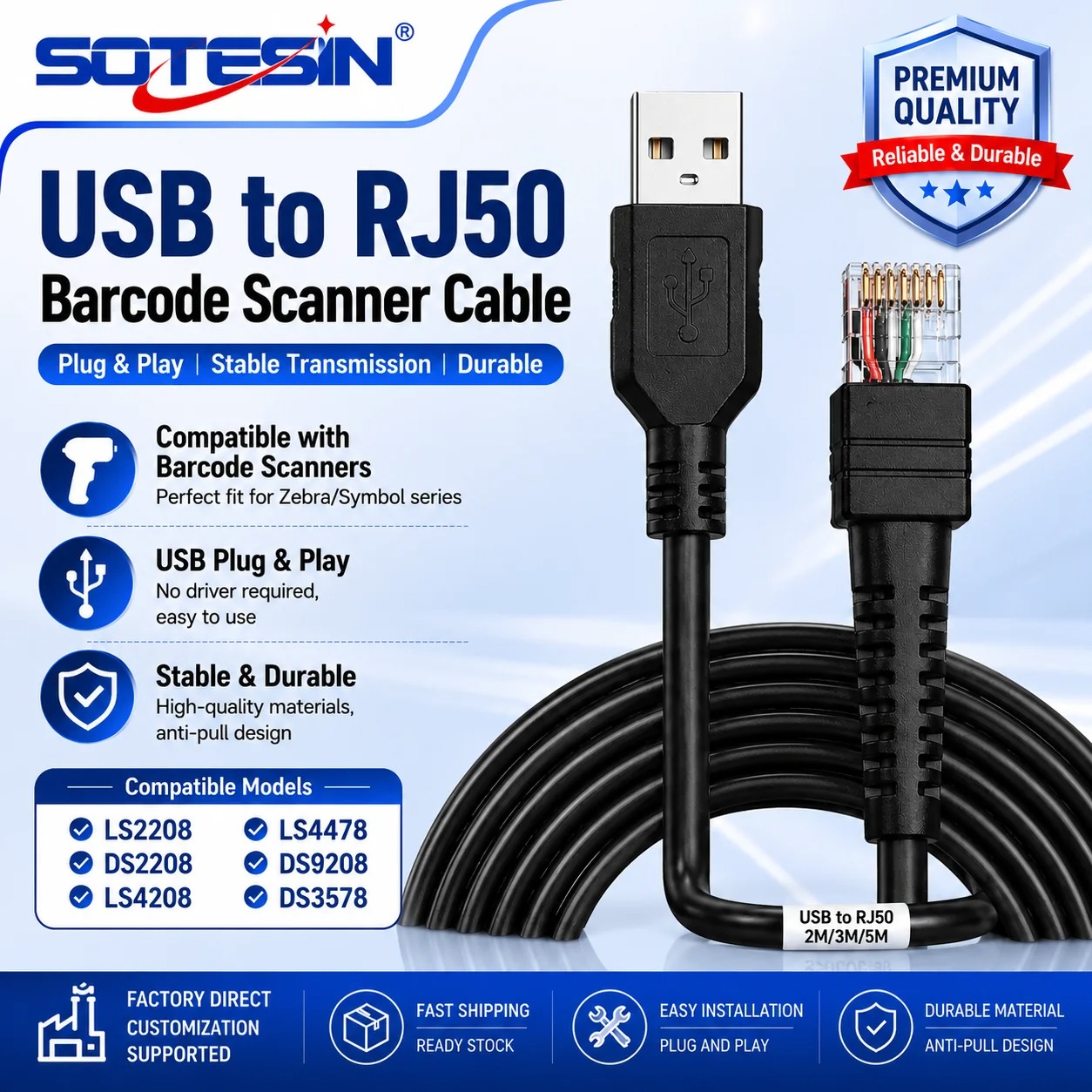 Gambar produk SOTESIN Kabel Data USB to RJ50 Barcode Scanner Cable DS2208 5V 2M - S2 - Utama