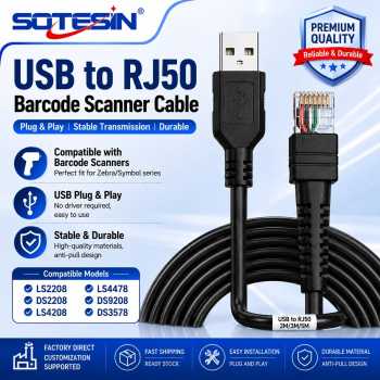 SOTESIN Kabel Data USB to RJ50 Barcode Scanner Cable DS2208 5V 2M - S2